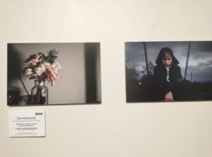 Two photos hanging on a wall at exhibition