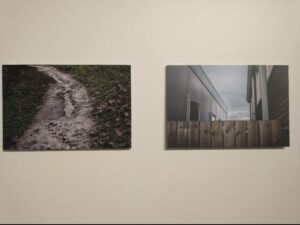 Two photos hanging on a wall at exhibition